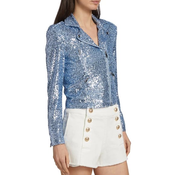 NEW Generation Love Size M Women's Robin Sequin Moto Jacket - Chambray Blue - Picture 7 of 10